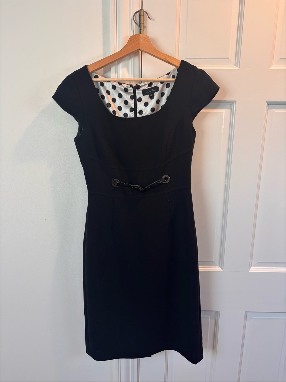Tahari Black Cap-Sleeve Midi Dress with Polka Dot Lining